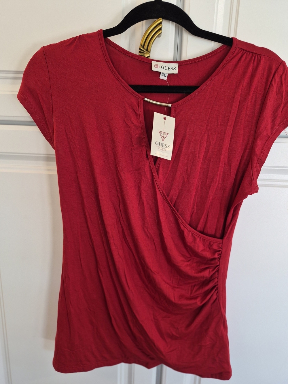 NWT GUESS Women's Red Cap-Sleeve Wrap Front Top Extra Large